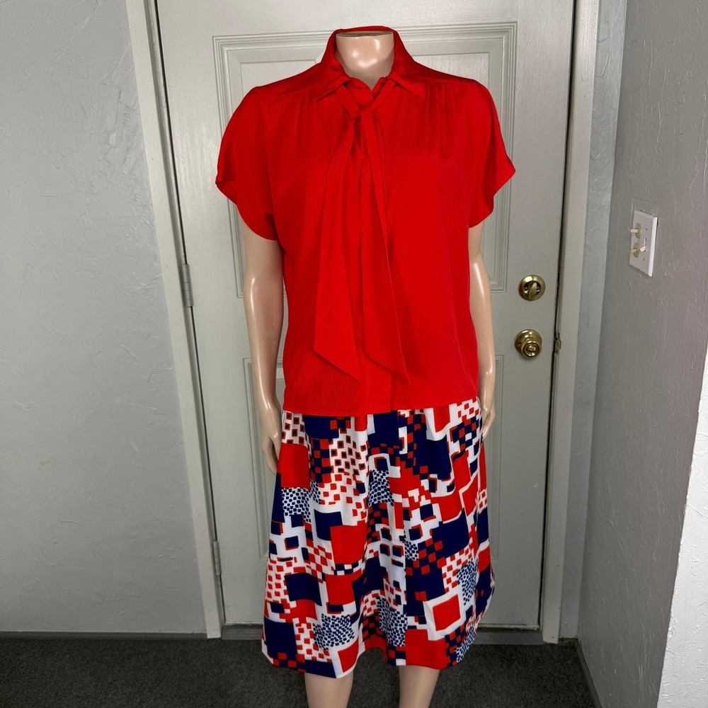 Vintage 70s Lady Manhattan Dress Party Set Polyester Blouse Set Button C3-29